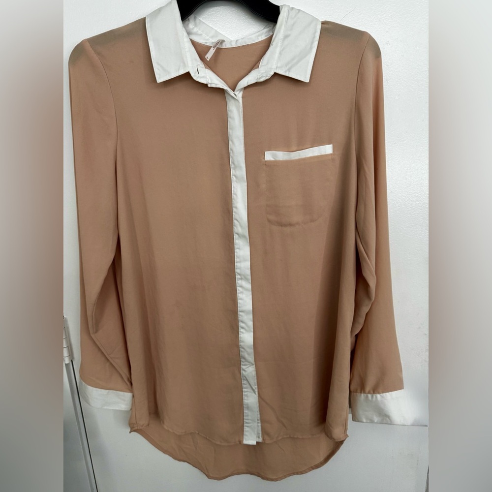 Free People Tan and White Accents Button Down Shirt Collared Long Sleeve